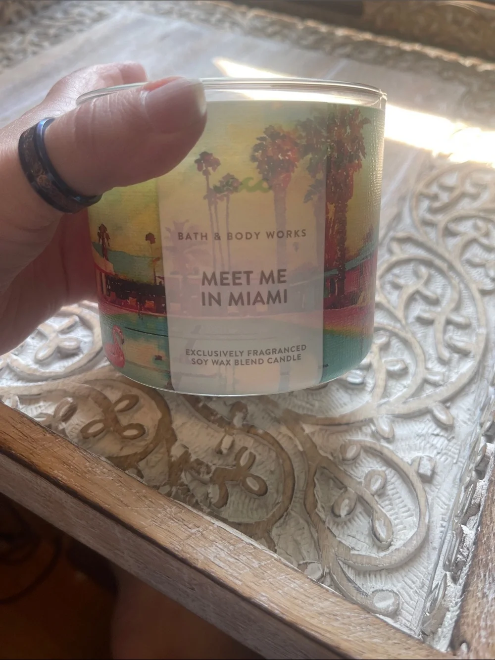 Bath & Body Works Meet Me in Miami Candle - Teal, Yellow, Pink